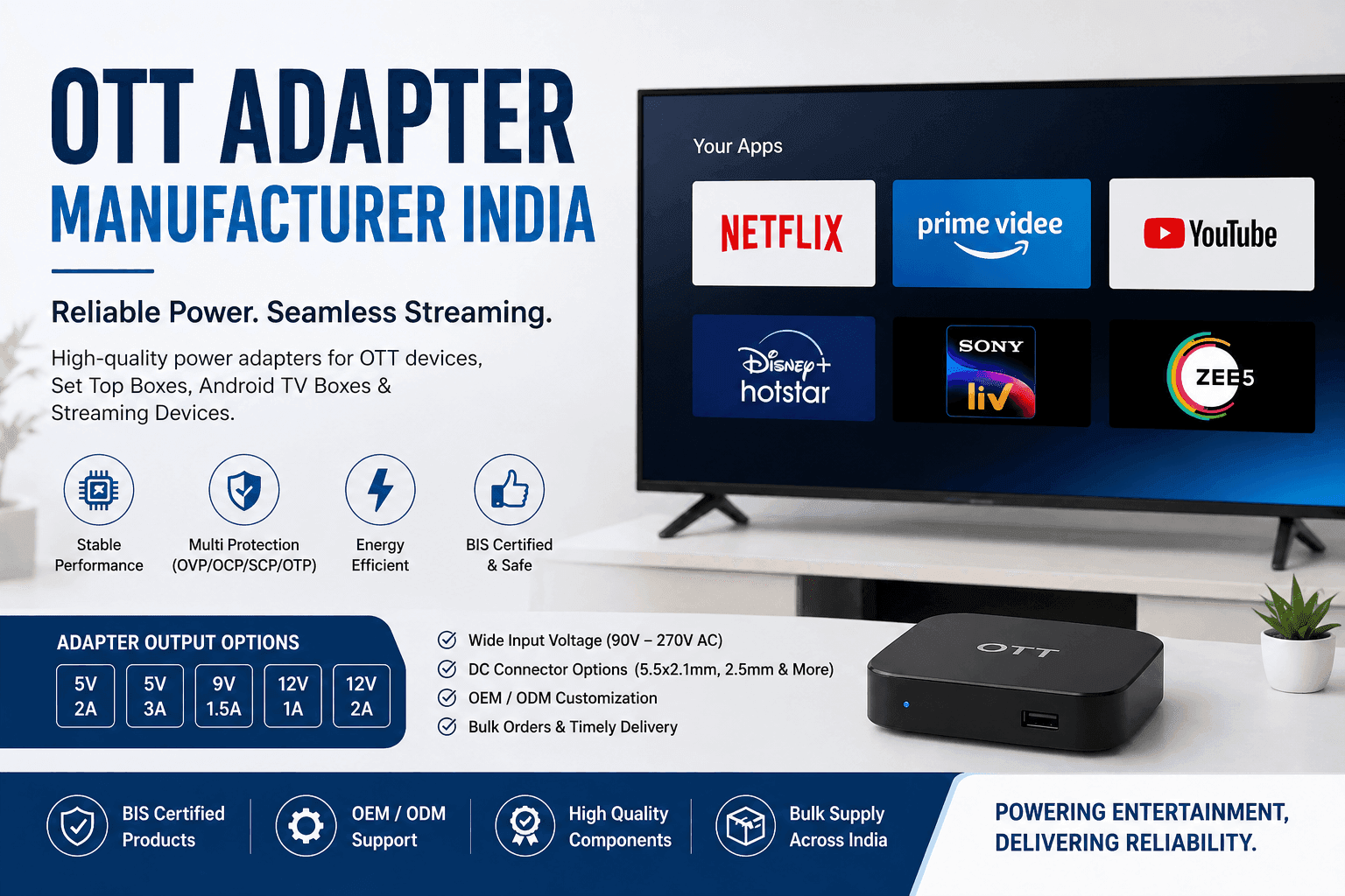 OTT Adapter Manufacturer India – Set Top Box & Streaming Power Solutions
